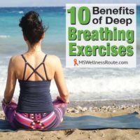 Young woman sitting on beach meditating with overlay: 10 Benefits of Deep Breathing Exercising