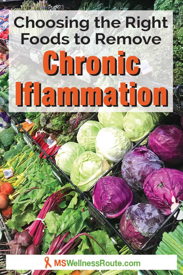 Pinterest pin of vegetables at the grocery store with overlay: Choosing the Right Foods to Remove Chronic Inflammation