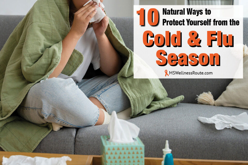 Sick woman on sofa blowing nose with a tissue with overlay: 14 Natural Ways to Protect Yourself from the Cold & Flu Season