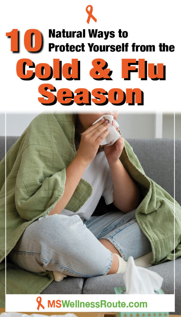 Sick woman on sofa blowing nose with a tissue with overlay: 14 Natural Ways to Protect Yourself from the Cold & Flu Season