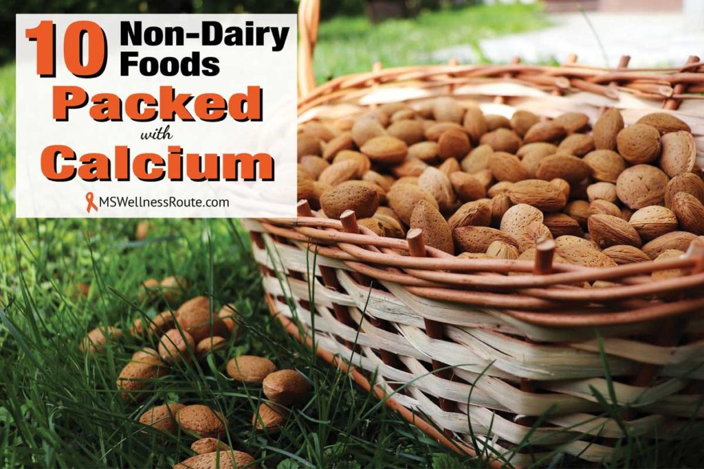 Basket of almonds with overlay: 10 Non-Dairy Foods Packed with Calcium