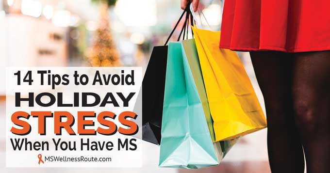 Woman in red dress holding shopping bags with overlay: 14 Tips to Avoid Holiday Stress When You Have MS