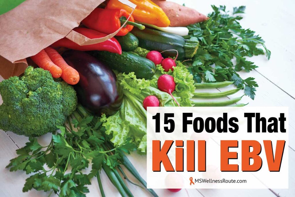 A spilled grocery bag full of veggies with overlay: 15 Foods That Kill EBV