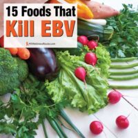 Grocery bag full of veggies with overlay: 15 Foods That Kill EBV