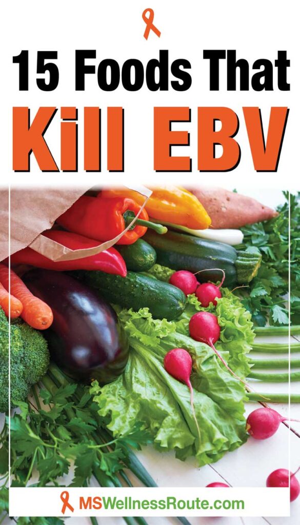 Grocery bag full of veggies with headline: 15 Foods That Kill EBV