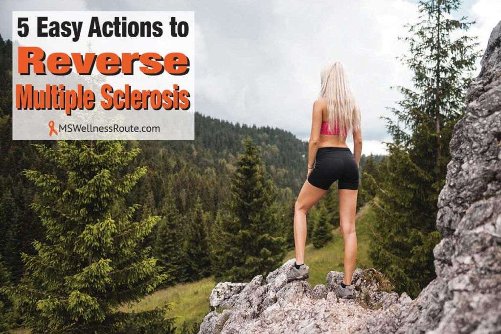 Young woman overlooking scenic mountain view with overlay: 5 Easy Actions to Reverse MS