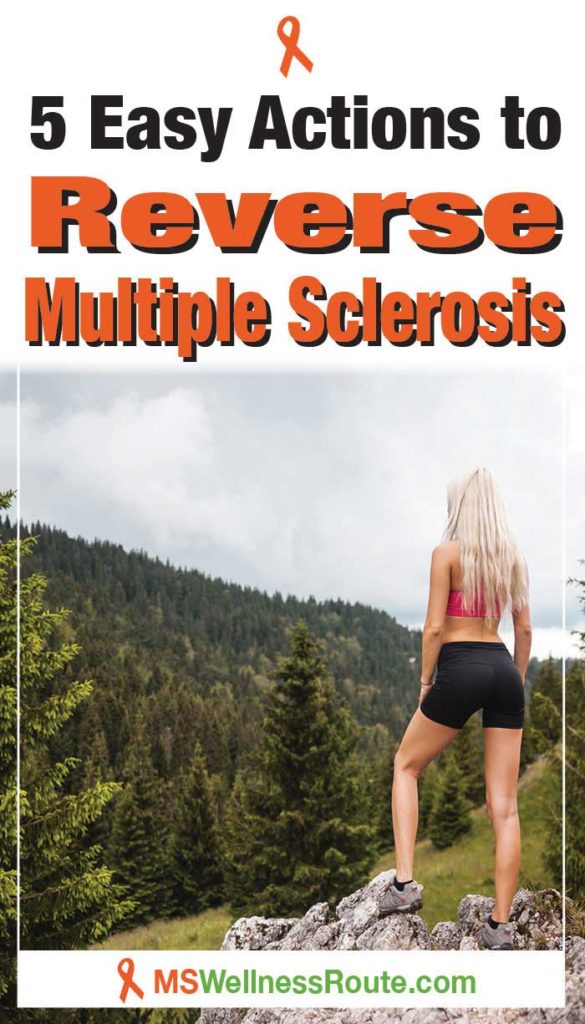 Young woman overlooking scenic mountain view with overlay: 5 Easy Actions to Reverse MS