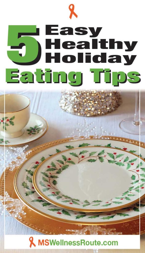 Christmas dinner setting with headline: 5 Easy Healthy Holiday Eating Tips