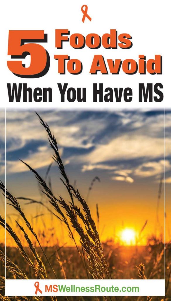 Sunset behind a wheat field with headline: 5 Foods to Avoid When You Have MS