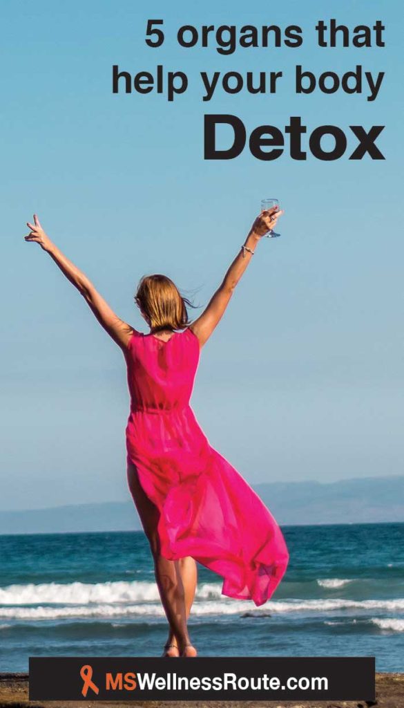 Woman in pink dress with arms in air on the ocean beach with header: 5 organs that help your body detox