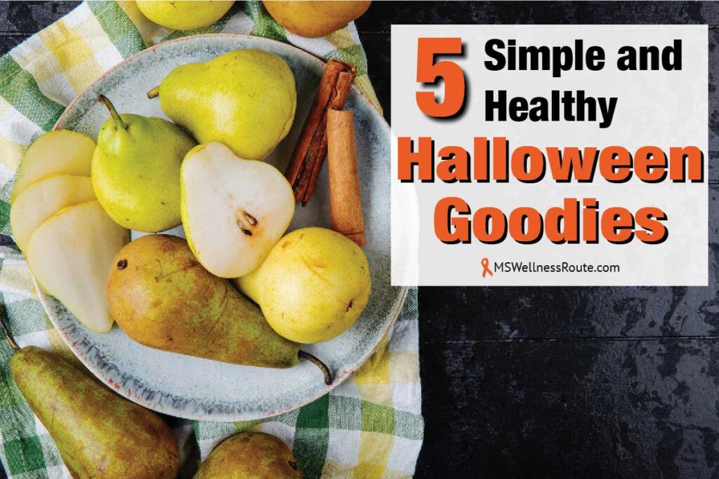 Top view of pears on a plate with overlay: 5 Simple and Healthy Halloween Goodies