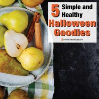 Top view of pears on a plate with overlay: 5 Simple and Healthy Halloween Goodies