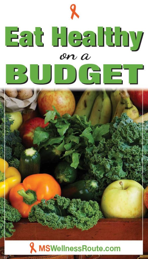 Pinterest pin of fruit and vegetables with header: Eat Health on a Budget