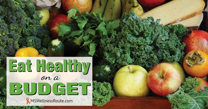 A basket of vegetables with overlay: Eat Healthy on a Budget