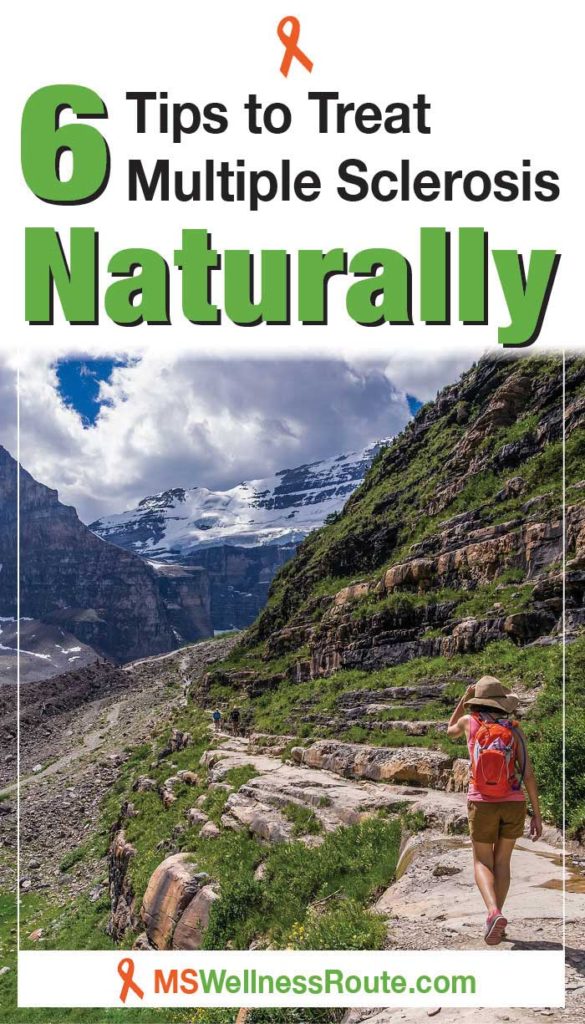 Woman hiking in mountains with headline: Tips to Treat MS Naturally