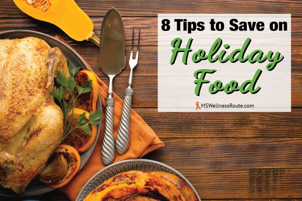 Turkey table setting with overlay: 8 Tips to Save on Holiday Food.