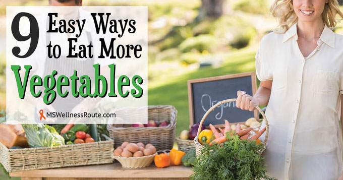 Woman at farmers market holding a basket of veggies with overlay: Easy Ways to Eat More Vegetables