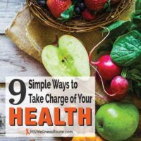 Fruit and vegetables on wooden tables with overlay: 9 Simple Ways to Take Charge of Your Health