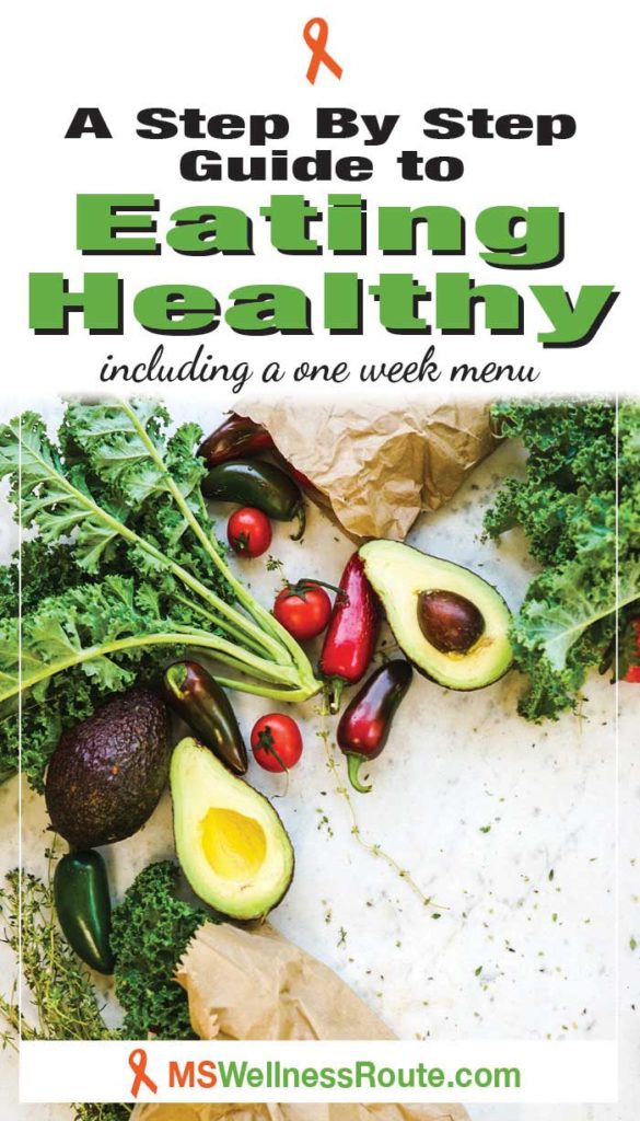 Mixed vegetables with headline: A Step by Step Guide to Eating Healthy including a one week menu