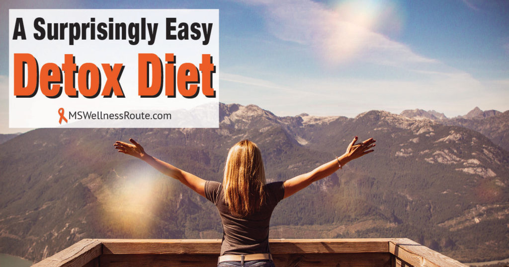 Young woman with arms in air overlooking scenic view with overlay: A Surprisingly Easy Detox Diet