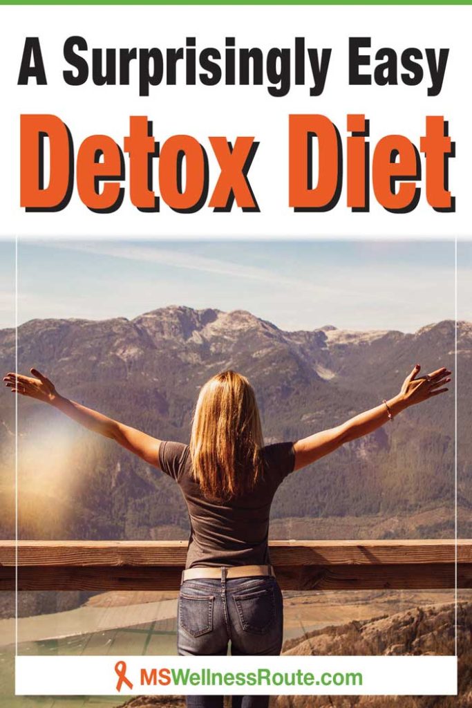 Woman with arms in the air overlooking scenic view with headline: A Surprisingly Easy Detox Diet