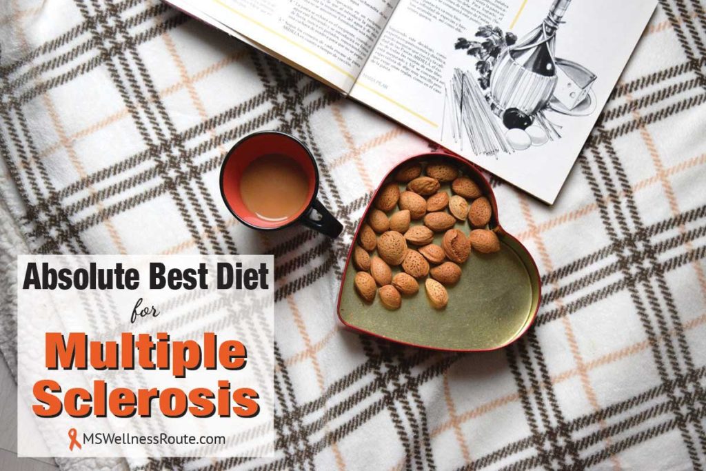 Cup of coffee with nuts in heart shaped tin with overlay: Absolute Best Diet for MS