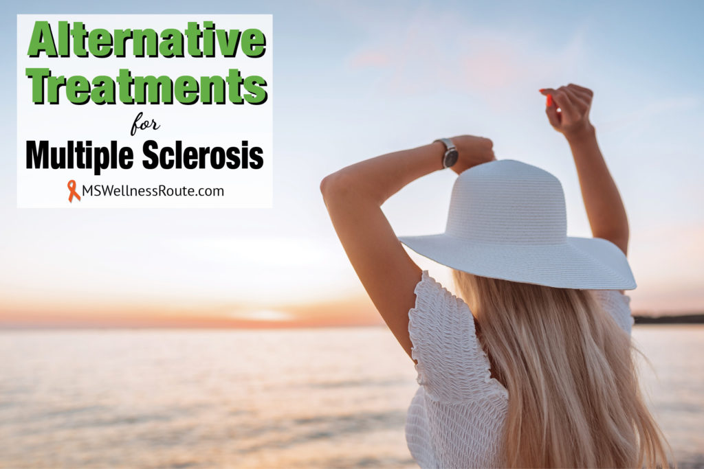 Young blond woman overlooking ocean with overlay: Alternative Treatments for MS