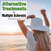 Young blond woman overlooking ocean with overlay: Alternative Treatments for MS