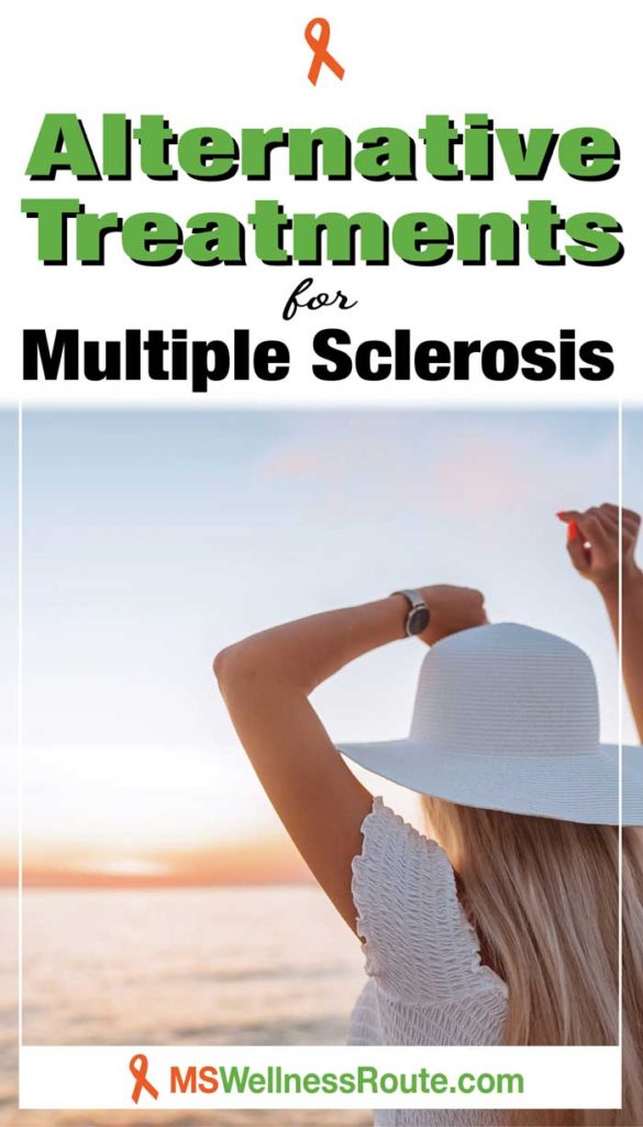 Young blond woman overlooking ocean with headline: Alternative Treatments for MS