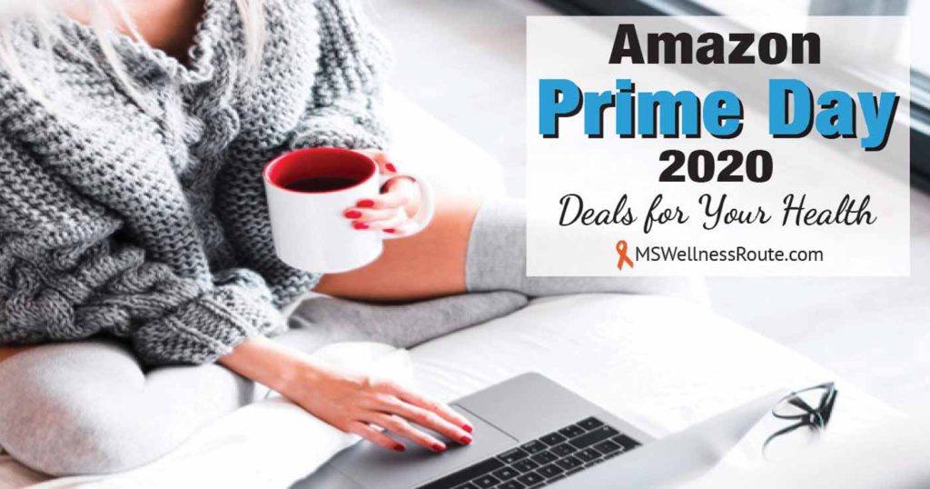 Young woman on laptop with overlay: Amazon Prime Day 2020 - Deals for Your Heath