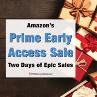 Wooden background and presents with overlay: Amazons Prime Early Access Sale