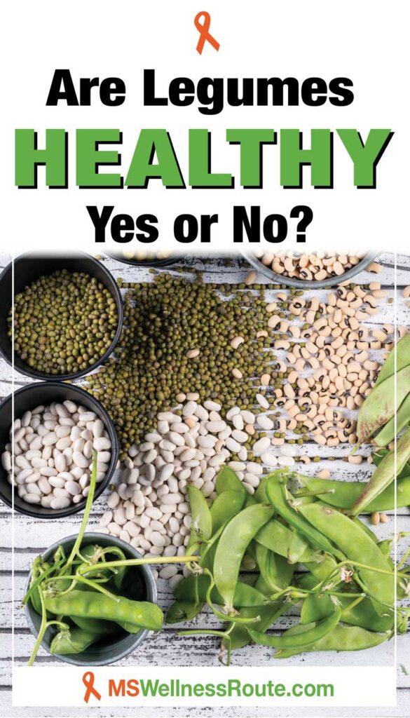 Bowl of legumes and beans on tables with headline: Are Legumes Health Yes or No?