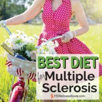 Woman in pink dress holding bike with overlay: Best Diet for Multiple Sclerosis