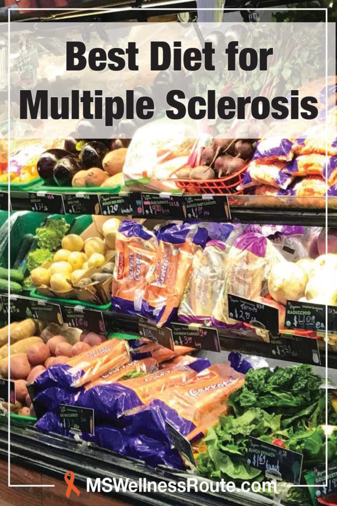 Grocery store vegetable aisle with headline: Best Diet for Multiple Sclerosis