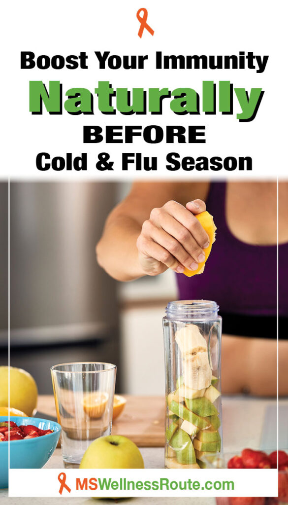 Closeup of woman using lemon while making fruit smoothie with headline: Boosting Immunity Before Cold & Flu Season