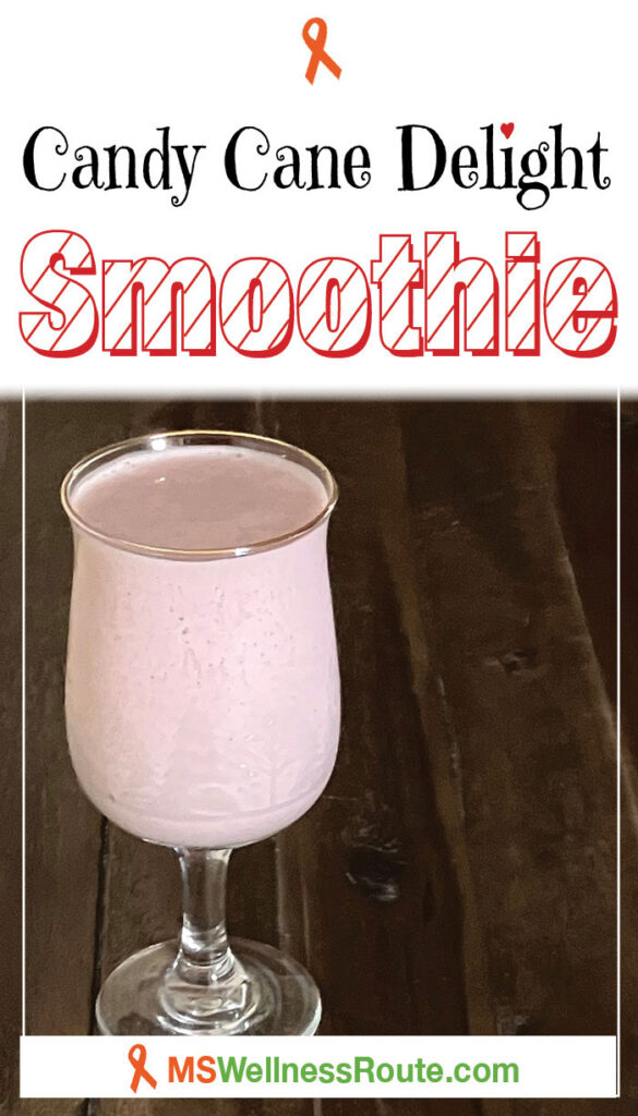 Pink smoothie in a glass on dark background with headline: Candy Cane Delight Smoothie