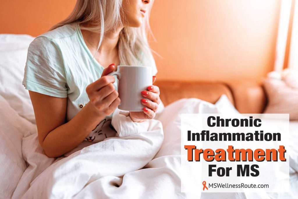 Young woman holding hot drink with overlay: Chronic Inflammation Treatment For MS