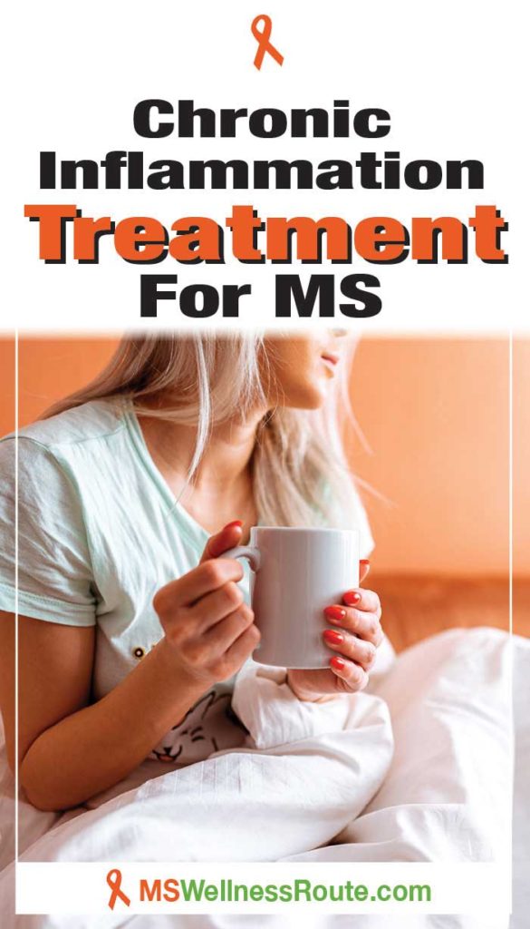 Young woman holding hot drink with headline: Chronic Inflammation Treatment For MS