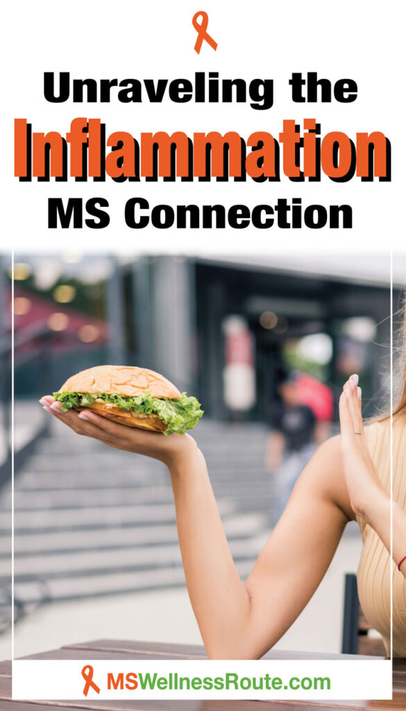 Woman holding burger not satisfied with headline: Unraveling the Inflammation MS Connection