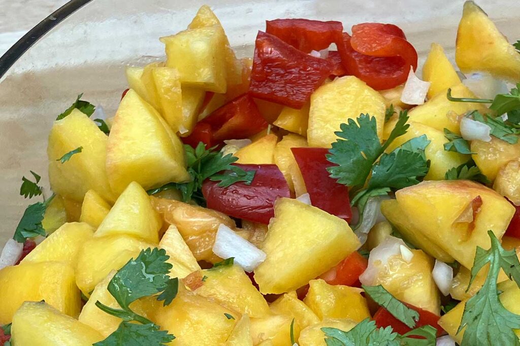 Close up of peach salsa.