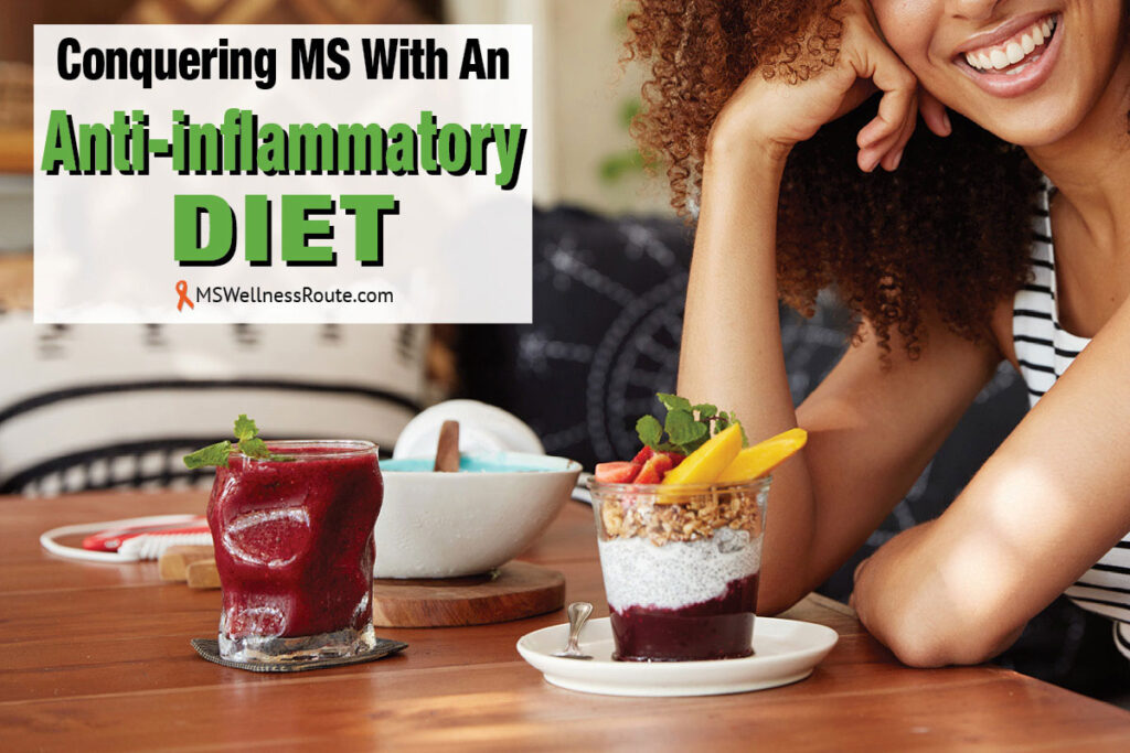 Young woman looking at healthy food with overlay: Conquering MS with an Anti-inflammatory Diet