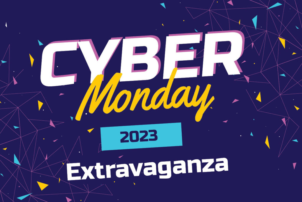 Blue background and confetti with overlay: Cyber Monday 2023 Extravaganza