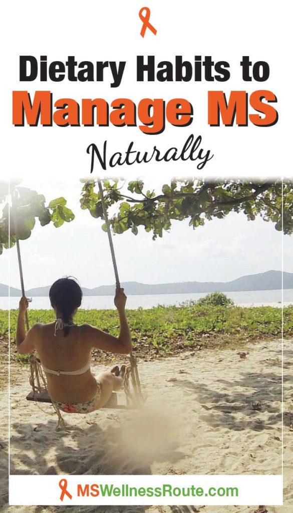 Woman swinging on beach with headline: Dietary Habits to Manage MS Naturally