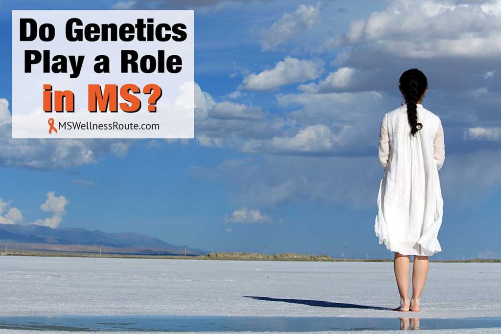 Young woman in white dress looking at flat ground towards mountains with overlay: Do genetics play a role in MS?