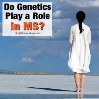 Young woman in white dress looking at flat ground towards mountains with overlay: Do genetics play a role in MS?