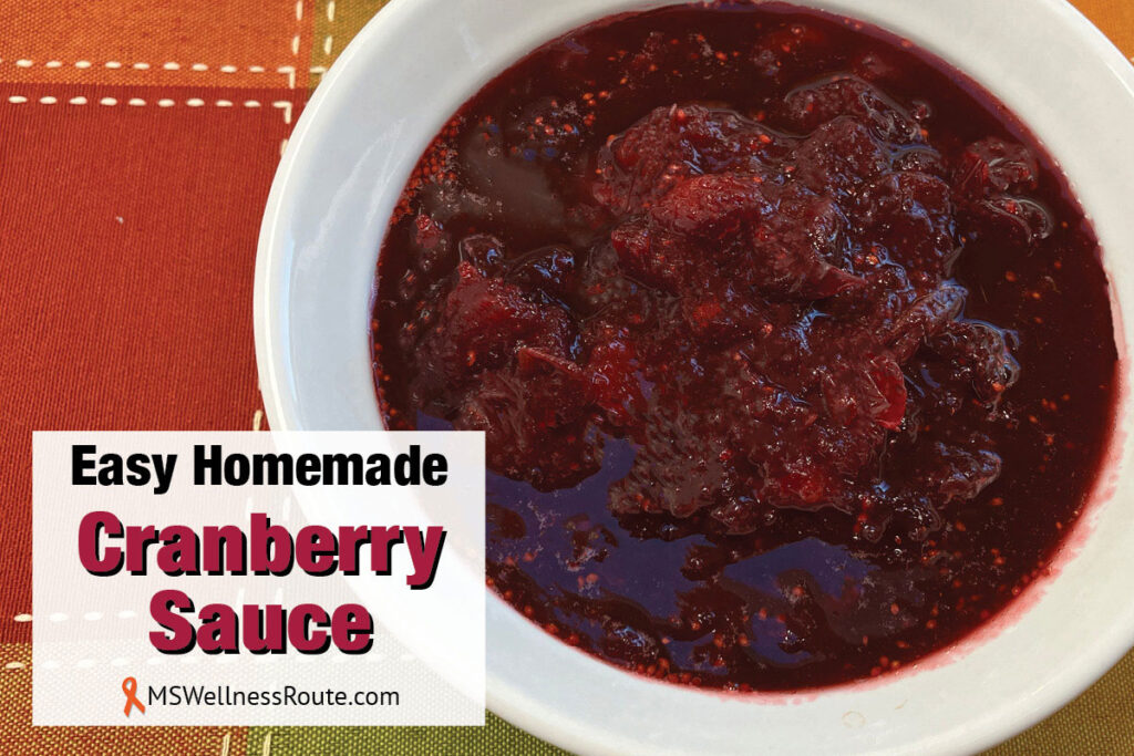 Cranberry sauce in a white serving dish with overlay: Easy Homemade Cranberry Sauce