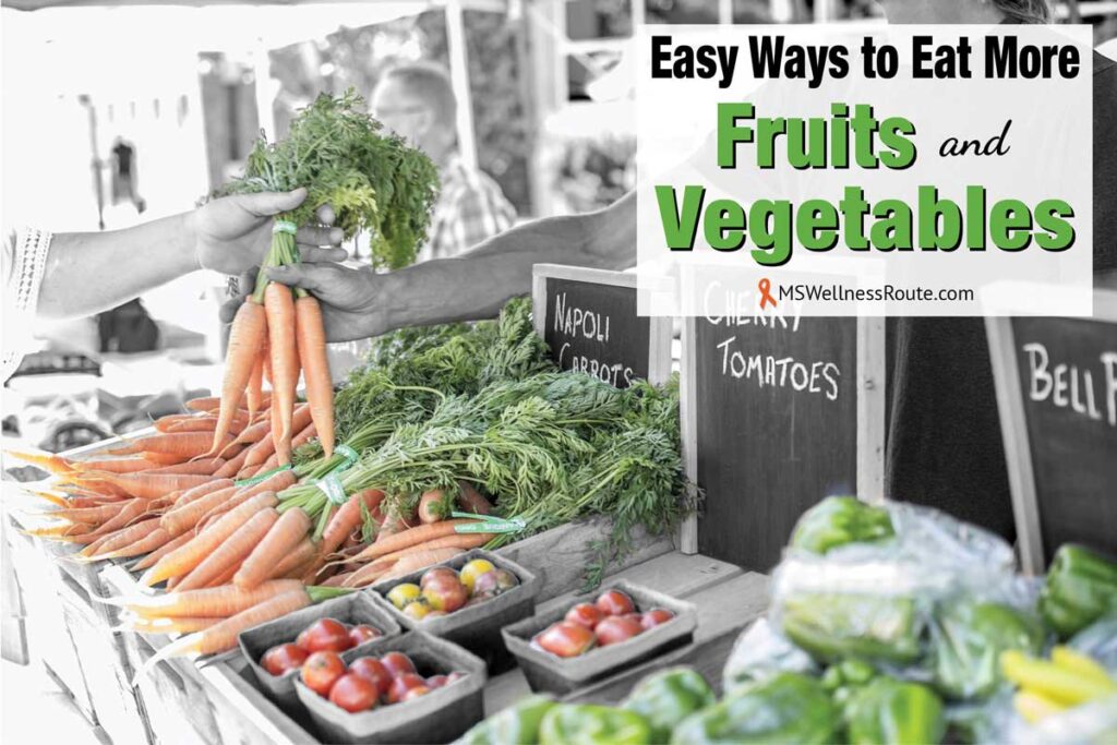 Woman buying carrots at a fruit stand with overlay: Easy Ways to Eat More Fruits and Vegetables