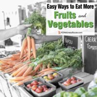 Woman buying carrots at a fruit stand with overlay: Easy Ways to Eat More Fruits and Vegetables