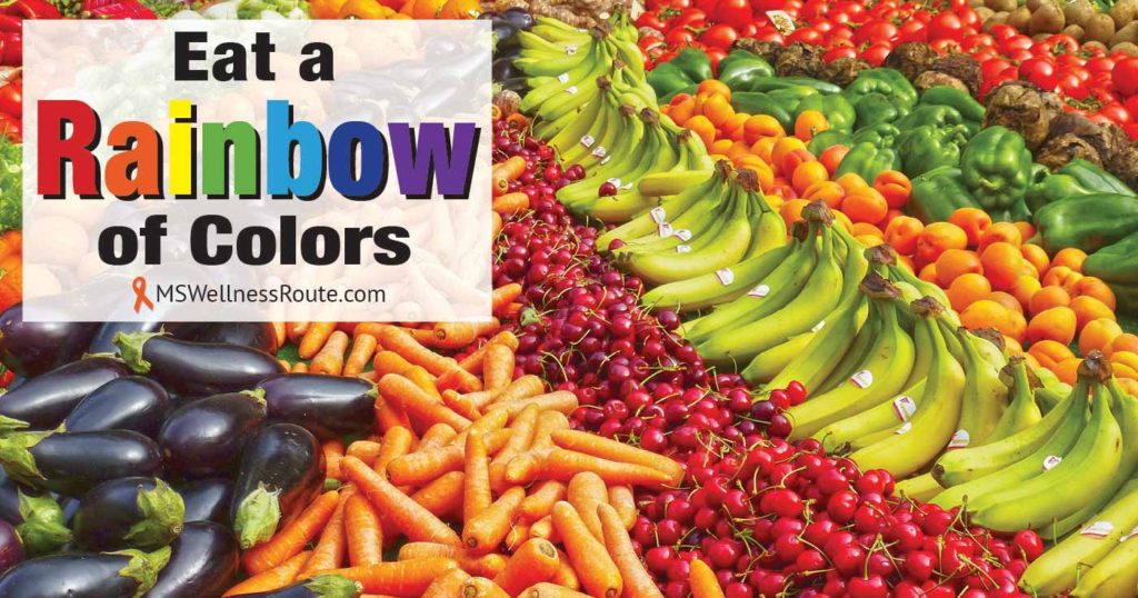 Colorful fruit and vegetables with overlay: Eat a Rainbow of Color