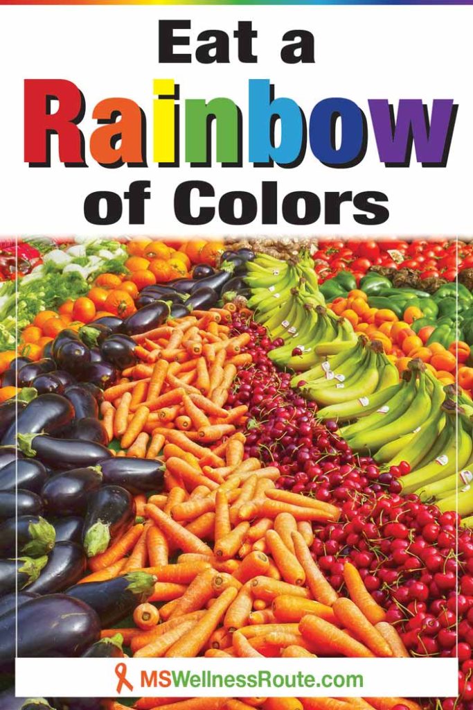 Colorful produce with headline: Eat a Rainbow of Colors